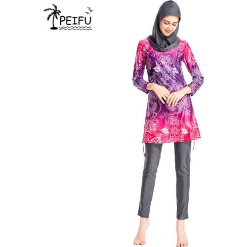 PEIFU Women Printing Floral Muslim Swimwear Hijab Muslimah Islamic Swimsuit Swim Surf Wear Sport Burkinis