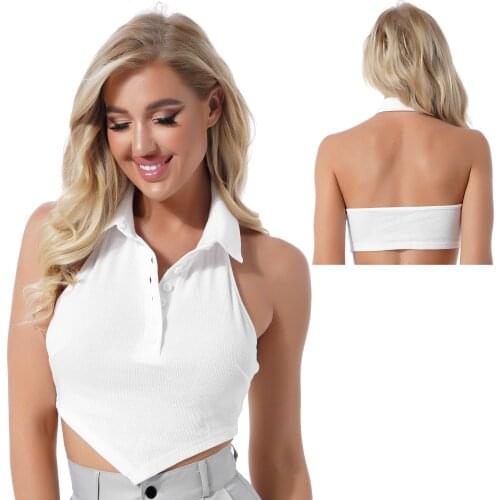 OFFICE LADY Summer Fashion Women Halter Turn-Down Collar Sleeveless Crop Top Asymmetric Hem Backless Ribbed T-Shirt Button Vest