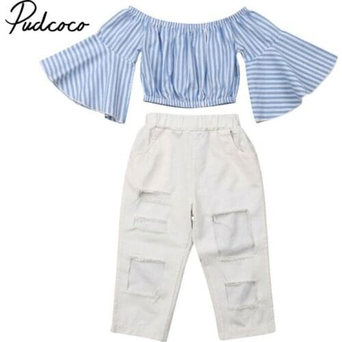 2019 Toddler Kids Baby Girls Striped Tops T-shirt Hole Pants Leggings Outfits Clothes Summer Set For 1-6 Years