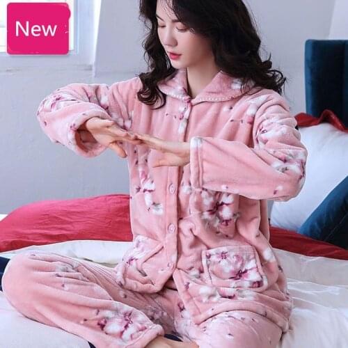 2021 Warm Flannel Pajamas Set For Women Thick Coral Velvet Long Sleeve Pyjamas Sets nightgown Pijama Suit Mujer Female Homewear