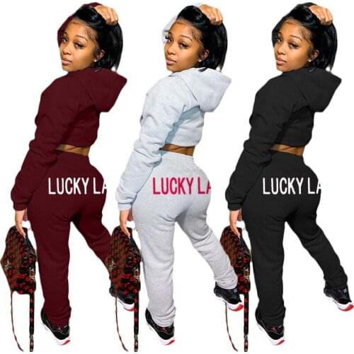 53ZH5270 Autumn Winter Women Casual Navel Letter with Hood Sports Two Piece Set Top and Pants Tracksuit Sweatsuit Outfits Hot