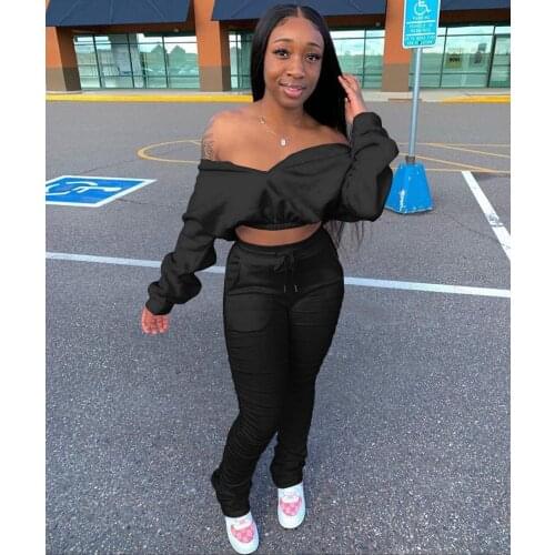 Ueteey New Two-piece Trendy Dew Shoulder Fold Design Solid Two-piece Pant Set