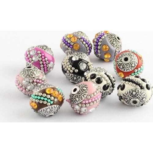 10Pcs Handmade Indonesia Beads With Crystal Rhinestones Alloy Cores Round Bead Spacer For Necklace Bracelet DIY Jewelry Making