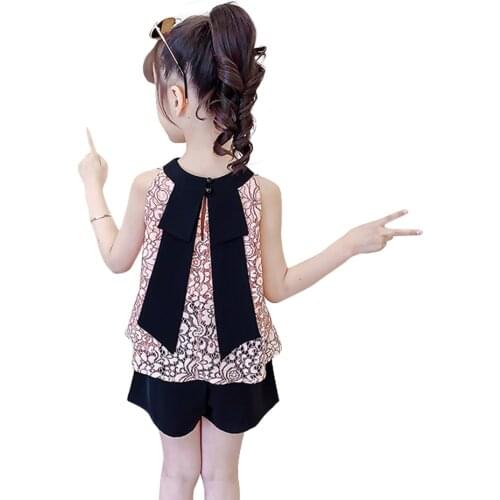 Kids Clothes Patchwork Girls Outfits Lace Vest + Short Outfits For Girls Casual Style Childrens Summer Clothes