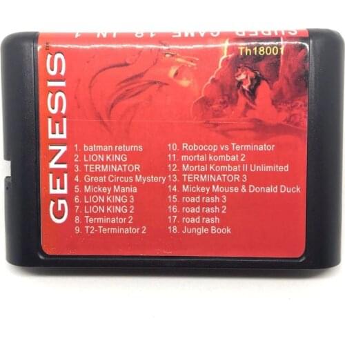 MD 18 In 1 Game cartridge With Lion King 1/2/3, Mortal Kombat 2, Terminater 1/2,Road Rash 123 SEGA GENESIS MegaDrive 16 bit Game
