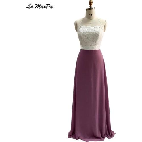 Ivory Lace Top Contract Color Chiffon Long Bridesmaid Dress CMT97