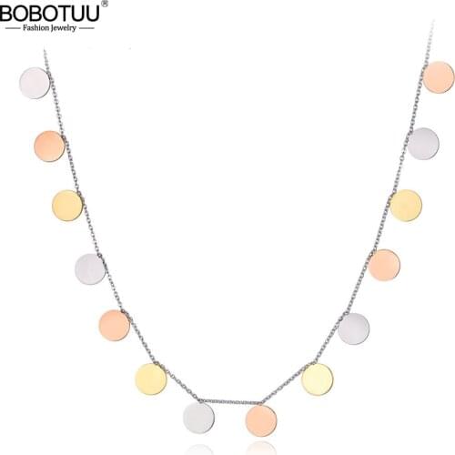 BOBOTUU Trendy Original Titanium Stainless Steel Three Color Wafer Charm Necklace Pendant Chain Necklace For Women BN19070