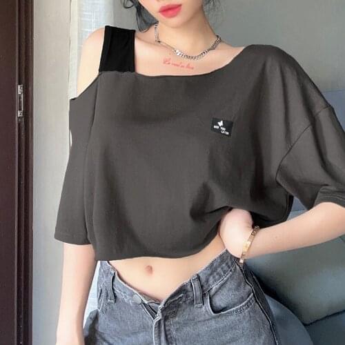Fashion Harajuku Letter Loose Casual T Shirt Women Asymmetry Hollow Out Crop Top Street Tshirts