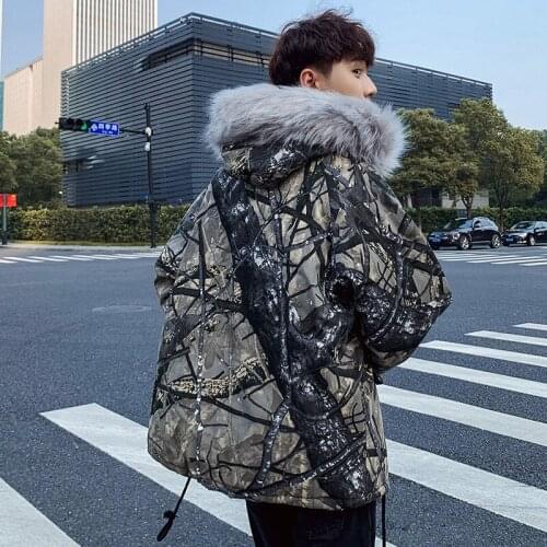 Winter hooded cotton padded mens Korean loose cotton padded jacket with wool collar
