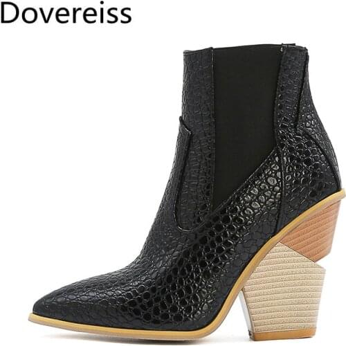 Dovereiss Fashion Womens Shoes Winter sexy Elegant yellow Pointed toe Slip on Wedges Short boots Snakeskin Concise 34-48
