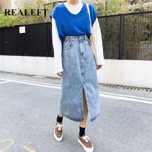 REALEFT Vintage Womens Long Denim Skirts 2021 New Front Split High Waist Fashionable Jeans A-Line Skirts Female Spring Summer
