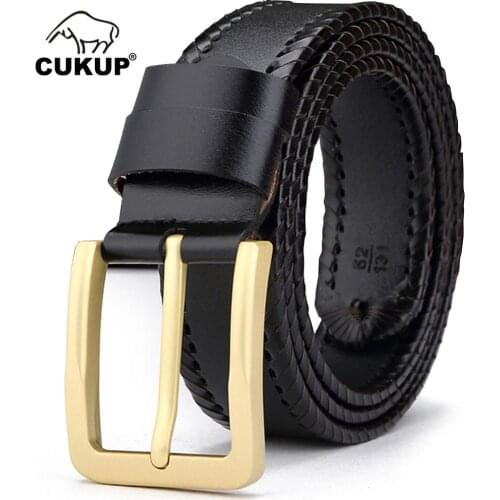 CUKUP Luxury Designer Retro Pin Buckles Men Knitted Body Cow Skin Leather Belts Casual Styles Jeans Belt Man 38mm Width NCK434
