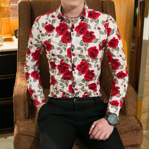 Shirts for Men Shirt Spring New Fashion Male Shirt Casual Long Sleeve Button Shirt for Men Rose Printed Floral Korean Clothes