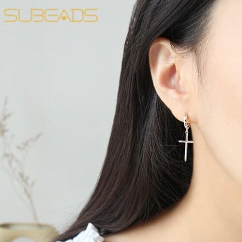 Subeads 1pair 925 Sterling Silver Cross Ear Clip Dangle Earrings For Unisex Fashion No Ear Hole Earring Simple Clip Earrings