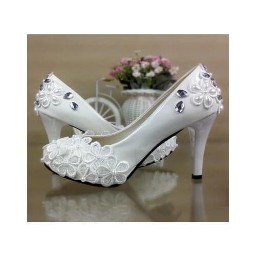 Plus sizes White wedding shoes womens rhinestones flower lace bridal wedding dress pumps shoes brides wedding pump shoes