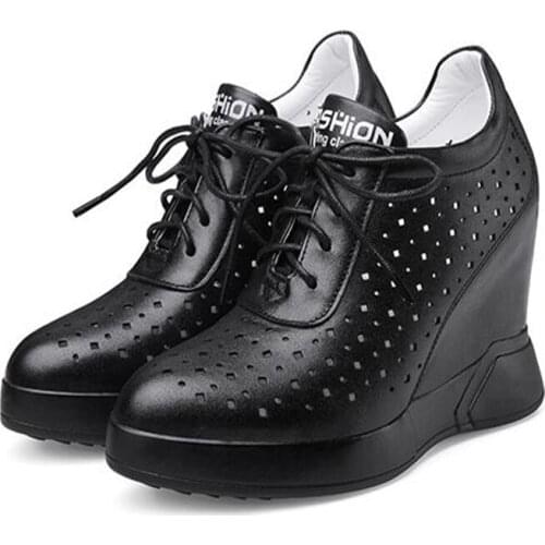 Platform Wedges Walking Pumps Shoes Summer Vulcanized Shoes Women Genuine Leather High Heel Fashion Sneakers Female Round Toe