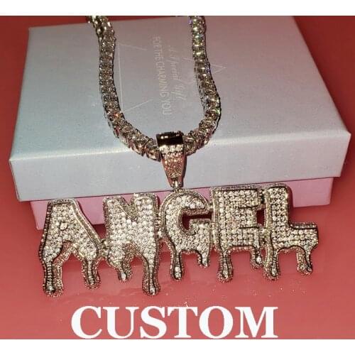 Unique Customized Name Necklace Zircon Copper Drippy Letters Pendant with Tennis chain Name Words Jewelry Hip Hop