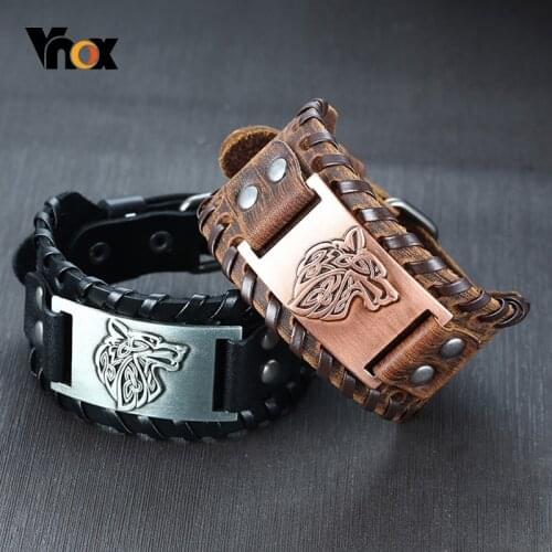 Vnox Mens Rock Punk Wolf Viking Leather Wrap Bracelets Vintage Compass Charm Male Wrist Jewelry Length Adjustable