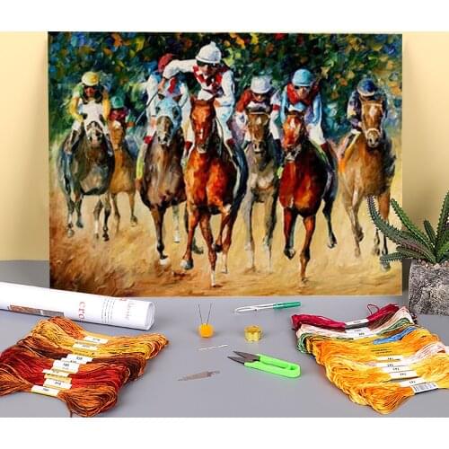 Horse Race Printed Water-Soluble Canvas 11CT Cross Stitch Complete Kit DIY Embroidery DMC Threads Painting Handiwork Mulina