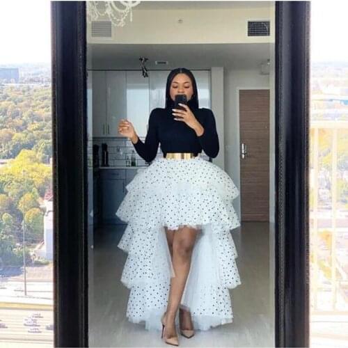 Hihgh Low Polka Dot Tulle Skirts For Women Tiered Long Women Birthday Skirt For Photo Shoot High Waist Yong Girls Party Gown