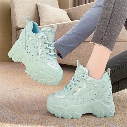 2021 Spring Women Chunky Sneakers Breathable Mesh Casual Sports Shoes 10 CM Wedge Heels Platform Trainers Chaussures Femme White