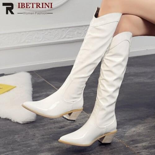 Female Western Boots 2021 Pointed Toe Med Heel Boots Women Knee High Med Calf Shoes Woman Luxury High Quality Black Hot Sale