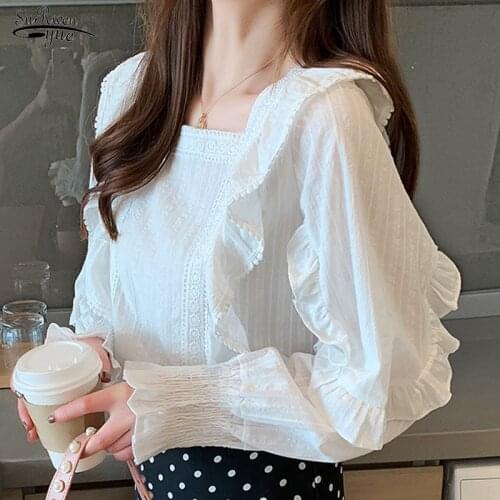 Autumn New Korean Loose Flare Long Sleeve Square Collar White Shirt Ruffles Slim Overalls for Women Vintage Ropa De Mujer 10695