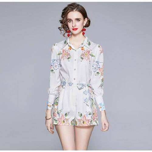 2021 Fashion Runway Shorts Set Womens Flower Print Long Sleeve Blouse Tops + Belt Pocket Shorts 2 Pieces Suit