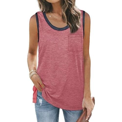 Uclio Womens Loose-Fitting Solid Color Sleeveless Vest Hit Color Pullover Round Neck T-Shirt Split Red