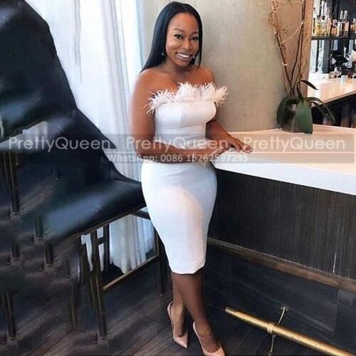 White Tea Length Sheath Bridesmaid Dresses With Feather 2020 Strapless Women Wedding Party Dress Formal Vestidos