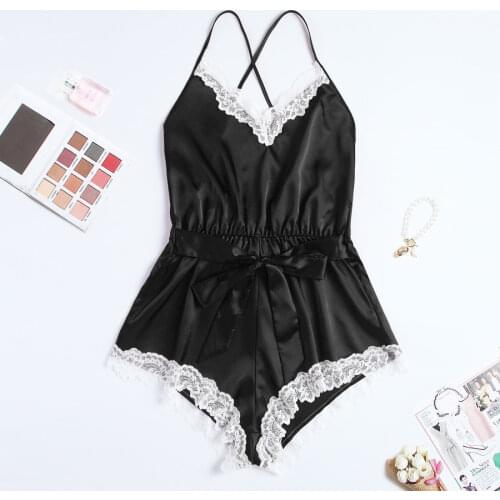 Sexy romper elegant bodysuits satin pajamas belt playsuit casual holiday body mujer jumpsuits comfy nightdress