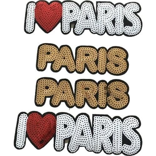 4 Pieces/lot I Love Paris Sequined Iron on Patch for Clothes Bags DIY Garment Accessory Letter Paris Sequins Applique Patches