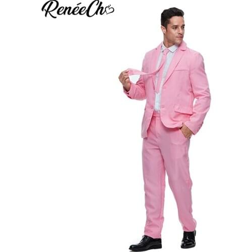 Reneecho Men Basic Pink Suit Costume Blazer Set Jacket Pants Tie Suit For Party Costume Halloween Costume For Carnival