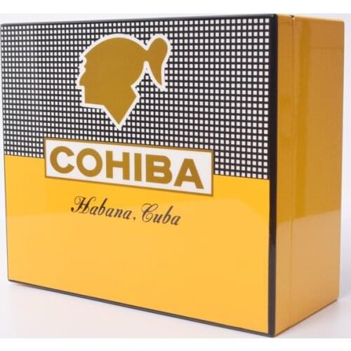 COHIBA Yellow Gloss Cigar Humidor Cedar Wood Cigars Case Box Humidifier Hygrometer Business Humidor Storage Box