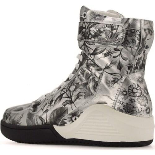 Men Silver Printing Genuine Leather Boots Korean Casual Brand Luxury Fashion Round Toe Boots Footwear High Quality Comfortable