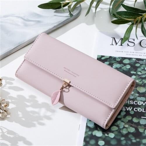 New Women Pu Leather Leaf Decoration Wallets Female Letter Pattern Hasp Long Purses Ladies High Quality Card Holder Clutch
