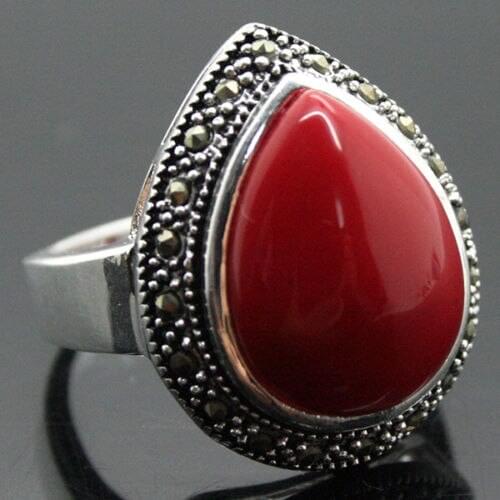 Wholesale good 25*20mm RARE JEWELRY DROP RED Coral 925 RING SIZE 7/8/9/10 Genuine Natural stone gems Fortune Fine jewelry