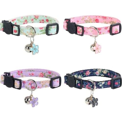 Cat Collar with Bell and Flower Pendant Colorful Floral Patterns Safety Quick Release Kitten Collars Soft Strong Nylon Strip