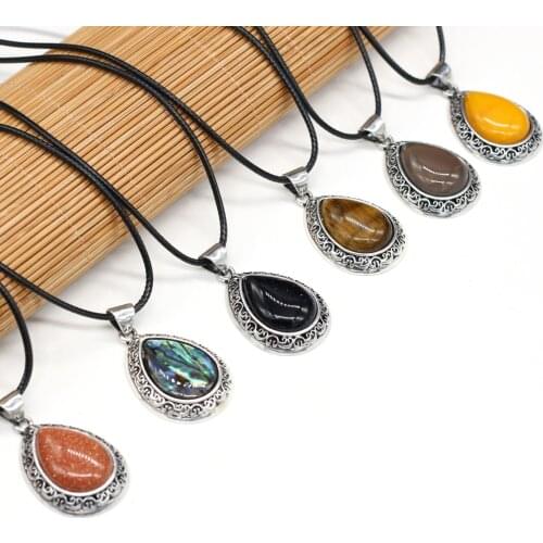 Natural Stone Pendant Necklace Abalone Shell Agates Crystal Malachite Stone Charms Wax Thread for Women Jewelry Necklace Gift