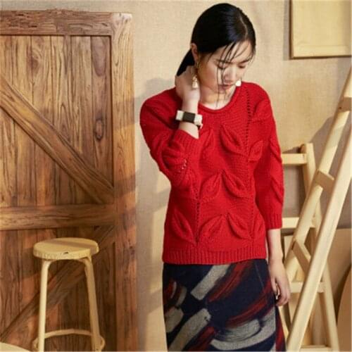 Hand made pure wool jacquard thick knit women fashion Oneck loose short pullover sweater 3quarter sleeve one&over size