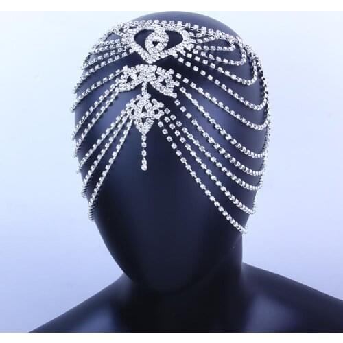 VCU Luxury Rhinestone Forehead Jewelry Indian Headpiece for Women Bridal Crystal Hair Accessories Heart Head Chain Hat