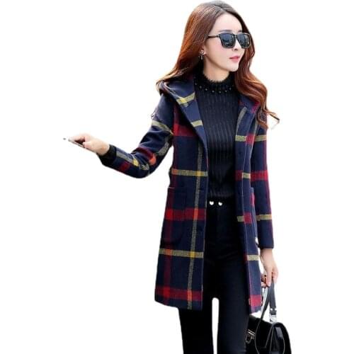 Windbreaker womens mid-length British college woolen coat plaid mid-length hooded woolen coat