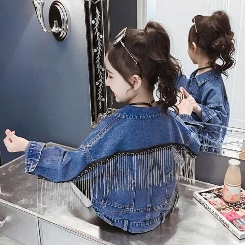 Vintage Fringe Beaded Denim Jacket Teenage Girls Fashion Long Sleeve Outerwear Jeans Coat Children Teen Clothing Tops 9 12 13 14