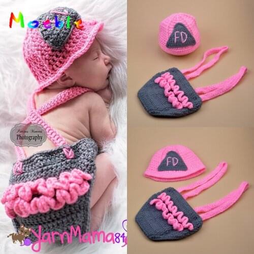 Crochet Pink Firefighter Baby Girl Hat Suspender Set Newborn Girls Fireman Photography Props Infant Halloween Costume MZS-16003