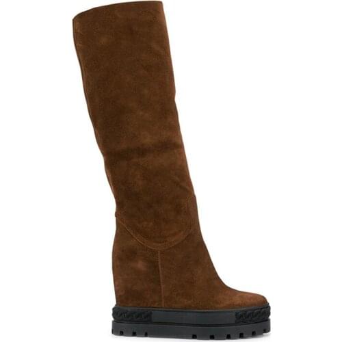 Woman platform bottom leather 10CM inner heel boots large size brown suede leather women inner heel boots brown color large size