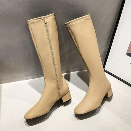 Soft Pu leather riding boots women zip thin legs long tube chelsea bottes square toe chunky heels knee-high botas femininas 2021