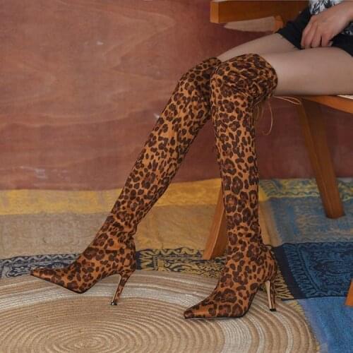 New Women Over-the-knee Boots Women High Heels Pointed Toe Leopard Print Thin Stretch Boots Sexy High Boots Chaussures Sapato