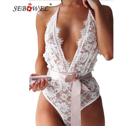 SEBOWEL White Plunge V Neck Crisscross Hollow-out Back Lace Bodysuit Woman 2021 Solid Waist Tie Bodycon Jumpsuit Female Rompers
