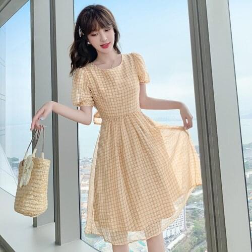 Retro Plaid Swing Mid-Length Skirt 2021 dresses for Summer New Women 's Clothing Printed Chiffon fashion collar Dress with lace