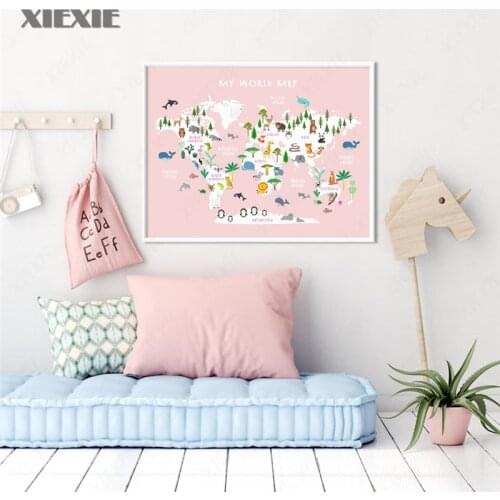 Animal World Map Picture Children Poster Nursery Pink Wall Art Canvas Print Painting for Kids Bedroom Playroom Home Decor